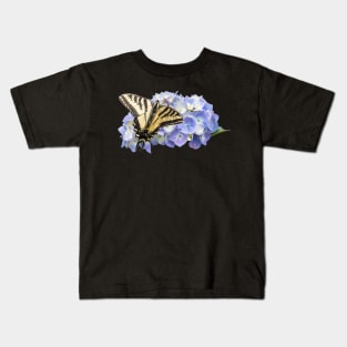 Yellow Swallowtail Butterfly on Blue Hydrangea Flower Kids T-Shirt